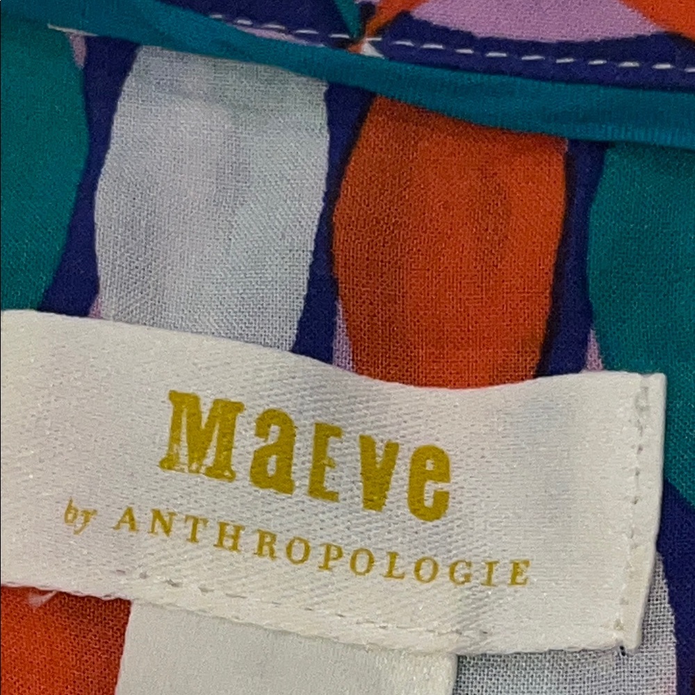 Maeve Printed Short-Sleeve Button Front Blouse in Teal, Orange & Purple - Picture 8 of 11